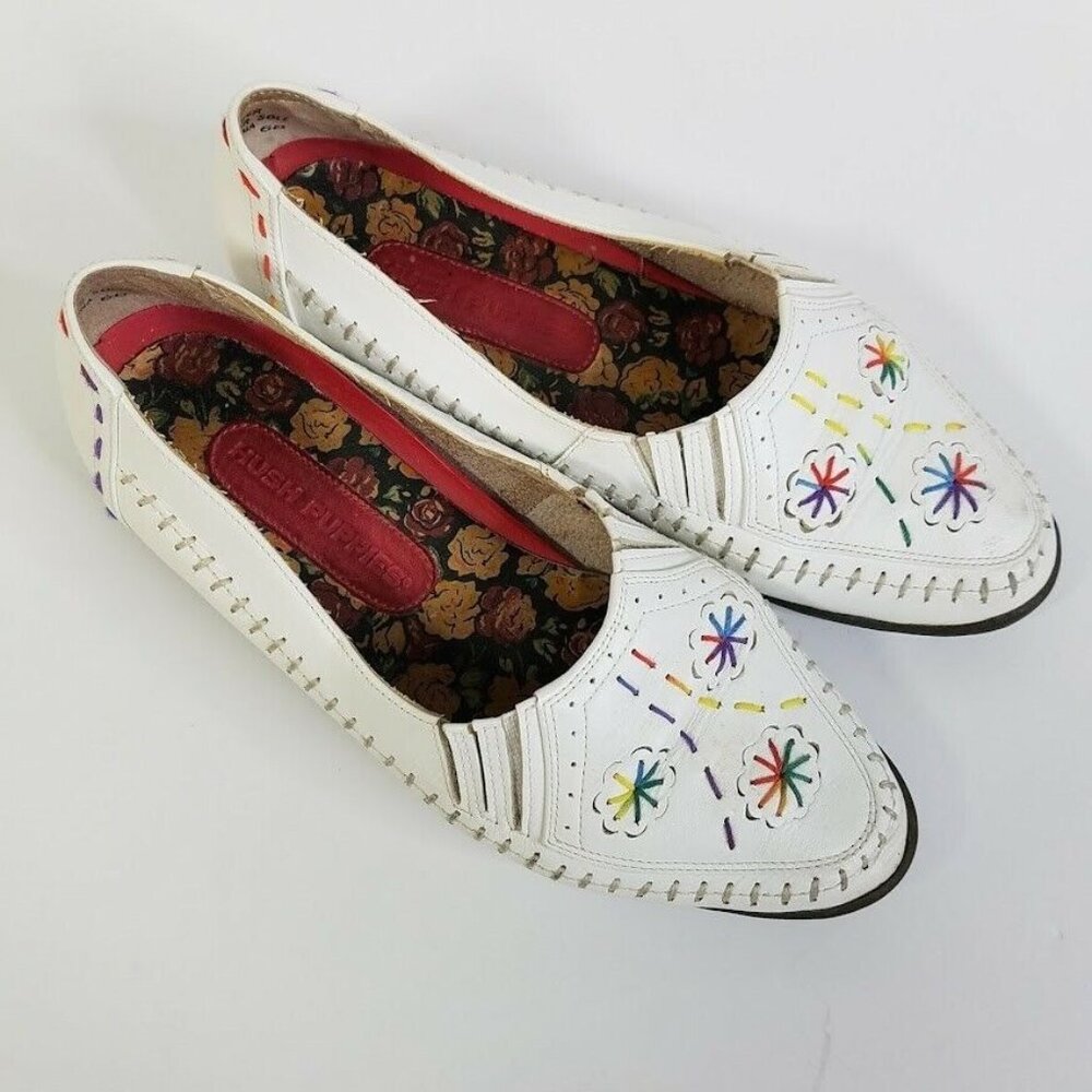 Hush Puppies Shoes Womens 6B White Slip On Leather‎ Floral Embroidered Loafers